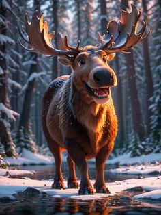 an animated moose with antlers standing in the snow