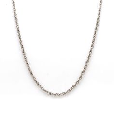 Platinum Chain by Jewelove Metal : Platinum Platinum Purity : 95% Purity Mark : Pt 950 Width : 2 mm Estimated Weight : 3.37 grams ( 16 inches ) Certificate of Authenticity : Platinum Guild International This chain is not eligible for exchange or refund. White Gold Round Rope Chain Necklace, White Gold Wheat Chain Link Necklace, Classic Rope Chain Necklace, Classic White Gold Necklace With Wheat Chain, Classic White Gold Wheat Chain Necklace, White Gold Necklace With Wheat Chain, Classic Silver Rope Chain Necklace Gift, Classic Silver Rope Chain Necklace As Gift, Classic Round Rope Chain Necklace