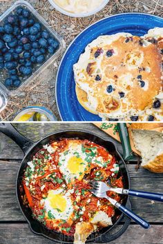 two pictures with different foods in them and one has eggs on the top, while the other has blueberries on the bottom