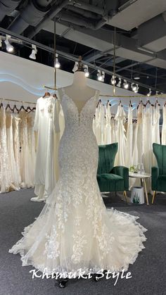 a wedding dress on display at a bridal shop