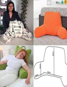 three pictures with different types of pillows and the same woman sitting on a couch holding a pillow