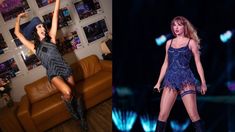 two photos of taylor swift in the same outfit