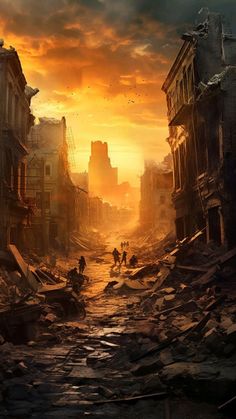 an image of people walking in the middle of a destroyed city at sunset or sunrise