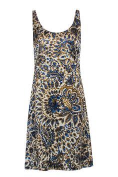 Current Boutique-Chloe - Cream, Gold, & Blue Print Sleeveless Dress Sz 6 Gold Sleeveless Summer Dress, Chic Gold Sleeveless Dress For Spring, Gold Sleeveless Chic Dress For Spring, Gold Sleeveless Beach Dress, Sleeveless Gold Beach Dresses, Sleeveless Gold Dress For The Beach, Casual Sleeveless Gold Dress, Gold Floral Print Sleeveless Dress, Gold Sleeveless Floral Print Dress