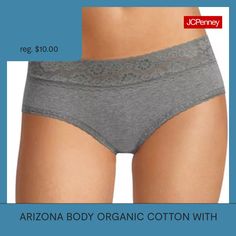 This Arizona Body women's hipster panty is made from super-soft organic stretch cotton-jersey for a second skin feel to wear under all your favorite looks. This comfortable brief has a smooth lace waistband and trim, and full back coverage.Features: Lace Trim, ScallopedFiber Content: 95% Cotton, 5% SpandexFabric Description: JerseyCare: Machine Wash, Tumble DryMaterial: CottonCountry of Origin: Imported Supportive Seamless Cotton Bottoms, Seamless Cotton Bottoms With Relaxed Fit, Seamless Relaxed Fit Cotton Bottoms, Cheap Cotton Machine Washable Intimates, Everyday Bra-friendly Intimate Briefs, Cheap Stretch Intimates Multi-pack, Cheap Non-stretch Women's Intimates, Cheap High-cut Leg Intimates With Elastic Waistband, Second Skin