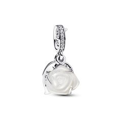 Embrace elegance with the White Rose in Bloom Double Dangle Charm, a sterling silver piece filled with love and symbolism. The intricately designed charm features a white bioresin man-made mother of pearl rose, its layered petals capturing the essence of a blooming flower. Adorned with clear cubic zirconia, this charm is a sparkling tribute to love. The engraved message "NOTHING COMPARES TO YOU" adds a personal touch. The thoughtful details, from the thorn-adorned bail to leaf-shaped discs, make this giftable Pandora Moments charm an enduring symbol of pure love. Elegant Sterling Silver Charms In White Gold, Elegant Engraved Charms, Elegant White Gold Sterling Silver Charms, Elegant Silver Engraved Charms, Elegant Engraved Sterling Silver Charms, Elegant Silver Wedding Charms, Personalized Silver Elegant Charms, Elegant Personalized Silver Charms, Elegant Pendant Charms