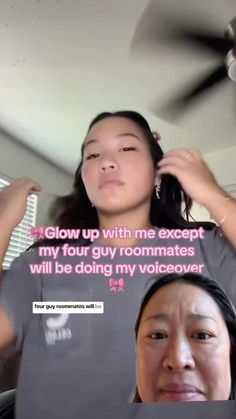 the woman is getting her hair combed by another woman in front of a ceiling fan