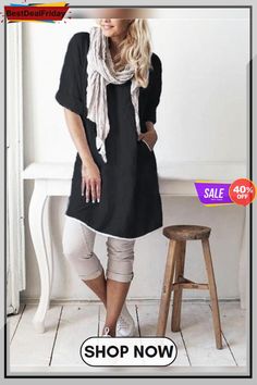 Linen Casual Short Sleeve Round Neck Solid Dress Casual Half Sleeve Tunic, Black Casual Tunic For Spring, Casual Black Tunic For Spring, Spring Casual Mini Tunic, Spring Casual Shift Tunic, Black Linen Dress, Linen Casual, Swimwear Dress, Loungewear Set