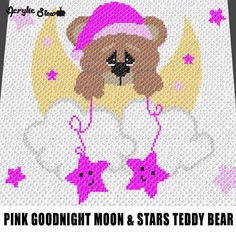 a cross stitch pattern with a teddy bear wearing a pink hat and stars on it