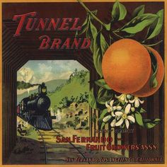 an advertisement for the tunnel brand, with oranges and train tracks in the background