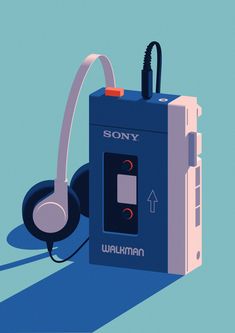 a blue box with headphones attached to it's sides and the word walkman on top