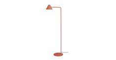 an orange floor lamp with a red shade on the top and one light on the bottom