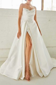 Strapless Side Slit A-line Wedding Dress ET3027 Dream Beach, Sleeve Wedding Dress, Long Sleeve Wedding, Satin Wedding, Long Wedding Dresses, Bridal Wedding Dresses, Wedding Dress Long Sleeve, A-line Wedding Dress, Ball Gown Wedding Dress