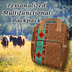 "This Western Themed Backpack features a vibrant saddle blanket & tooled leather detailed design which is digitally printed directly to the item.   This bag can be PERSONALIZED with your name, initials, monogram, Business Logo or Your Ranch Brand - You can also order it without the personalization option if your prefer. STYLISH while still offering STRONG, STURDY construction this multipurpose backpack can be used in MANY WAYS - use it as a daily use backpack, stow-away travel carry-on bag, diaper bag and more! DEEP pockets, wide carry HANDLES - rather than a \"loop\" at the top as is common with most backpacks - These same handles also Slide Right Over the Telescoping Pull Handle of the Suitcases, Plus an insulated front pocket that will hold a freezer pack and 3 cans, or bottles. The sup Southwestern Hand Tooled Bags For Everyday Use, Southwestern Rectangular Bag For Everyday Use, Southwestern Style Rectangular Bag For Everyday Use, Southwestern Style Rectangular Everyday Bag, Brown Backpack For Weekend Trips, Multicolor Hand Tooled Travel Bags, Bohemian Travel Bag With Leather Backing, Western Backpack, Rodeo Events