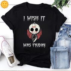 Product details: ✔️ NAME: Jason Voorhees I Wish It Was Friday Vintage T-Shirt, Halloween Shirt, Horror Movie Shirt, Jason Voorhees Shirt, Friday The 13th Shirt ✔️ IMPORTANT NOTE: Both Men and Women can we our shirts because this is unisex style t-shirts;  Wash item inside out in cold water, do not bleach, do not dry clean, do not iron directly on the design. ✔️ MATERIAL: 5.3-ounce, 100% cotton (99/1 cotton/poly (Ash) & 90/10 cotton/poly (Sport Grey); Heavyweight classic unisex tee; Taped neck and shoulders; Tearaway label; Decoration type: Digital Print ✔️ OUR DESIGN PRODUCTS: Each One are designed and sold in limited quantities. The designs are created by our incredibly talented in house graphic art team who often hand draw and illustrate each Tee shirt design. ✔️ SIZE CHART: Please refer Horror Cotton T-shirt With Letter Print, Black Halloween Fan Apparel Tops, Horror Themed Letter Print Cotton T-shirt, Halloween Fan Apparel T-shirt, Halloween Fan Merchandise T-shirt With Letter Print, Black Pop Culture T-shirt For Halloween, Halloween Graphic Print Fan Apparel Tops, Horror Themed Letter Print Crew Neck T-shirt, Halloween Letter Print Fan Merchandise Top