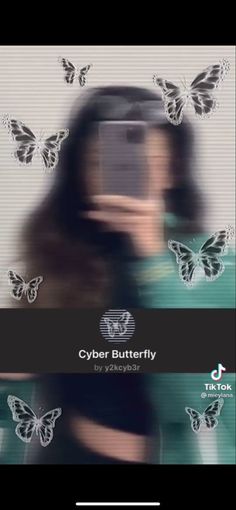 a woman with long black hair is looking at her cell phone and butterfly wallpaper behind her