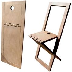 a wooden chair sitting next to an open door with holes in the front and side