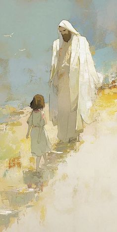 a painting of a woman and child walking on the beach