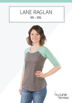 a woman standing with her hands on her hips wearing jeans and a t - shirt that says lane raglan xs - 2xl