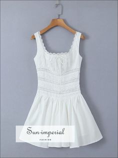 White Square Neckline Rushed Bodice Center Bow Sleeveless Mini Dress With Lace Detail Sun-Imperial United States White Lace Mini Dress, White Spaghetti Strap, Club Dress, Mini Dresses For Women, Dress Spaghetti, Pullover Shirt, Evening Attire, Sleeveless Mini Dress, Lace Mini Dress