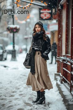 Winter Midi Skirt Outfit, Beige Midi Skirt, Skirt Tulle, Winter Mode, Winter Skirt