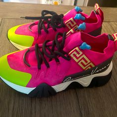 Bright Pink/Multicolour Leather Gianni Versace Sneakers From Versace Featuring Almond Toe, Mesh Panelling, Contrasting Panel Detail, Signature Greca Detailing Versace Sneakers, Versace Shoes, Gianni Versace, Brooks Sneaker, Bright Pink, Womens Shoes Sneakers, Versace, Almond, Shoes Sneakers