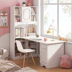 a child's bedroom with pink walls, white desk and chair in front of the window