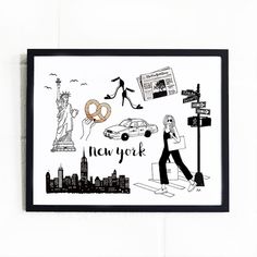 a black and white drawing of new york