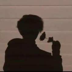 the shadow of a person holding a flower in front of their face and looking at it