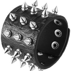 Unisex Punk Rock Biker Wide Strap Thick Leather Bracelet Made From Faux Leather And Alloy Metal Adjustable Size: 6, 7 And 8 Inch -- 7.8 And 9 Inch Wide:5mm / 2 Inch And 12.5mm / 4.9 Inch Black Color Cow Leather Black Metal Bracelets With Spikes, Black Spiked Jewelry For Festival, Rock Style Rivets Bracelets For Party, Metal Spiked Leather Bracelet For Parties, Black Spiked Jewelry For Concerts, Punk Style Leather Bracelet With Rivets, Black Studded Bracelets For Party, Rock Style Spiked Jewelry For Concerts, Punk Style Studded Leather Bracelet For Festivals