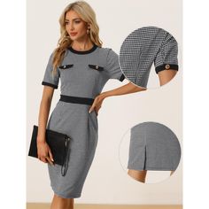 Step into the office or your next coffee shop meet-up with poise and style in the Allegra K Women's Plaid Houndstooth Dress. This chic bodycon dress features a striking black and white houndstooth pattern complemented by a bold color block design.

- **Pattern**: Houndstooth plaid
- **Sleeve Length**: Short sleeve
- **Color**: Black
- **Gender**: Female
- **Age Group**: Adult

Perfect for daily wear or professional settings, this dress pairs effortlessly with high heels and a sleek black handbag Elegant Plaid Dress For Work, Plaid Office Dress, Knee-length Houndstooth Office Dress, Knee-length Houndstooth Dress For Office, Knee-length Houndstooth Work Dresses, Elegant Fitted Plaid Dress With Short Sleeves, Black Plaid Dress For Work, Elegant Fitted Plaid Work Dress, Fitted Plaid Dress For Work