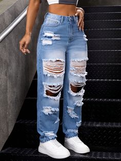 Blue  Collar  Denim Plain Tapered/Carrot Embellished Non-Stretch  Women Clothing Ripped Jeans Aesthetic, Fancy Pants Outfit, Tomboy Stil, Cute Ripped Jeans, Womens Ripped Jeans, Moda Denim, Bleu Azur, Fasion Outfits, Outfit Inspo Casual