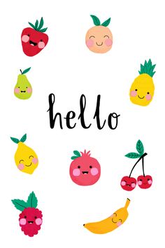 the words hello are surrounded by fruit and vegetables on a white background with black lettering