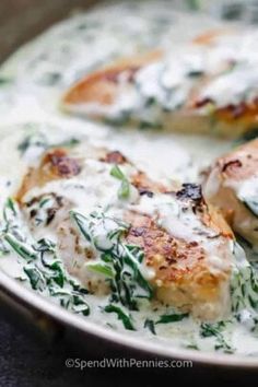 two pieces of chicken covered in white sauce on a plate