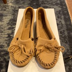 Brand New Minnetonka Tan Mocs. Purchased In Wisconsin, Size 9. Summer Suede Flat Moccasins, Spring Suede Closed Toe Moccasins, Spring Suede Closed-toe Moccasins, Spring Suede Flat Moccasins, Flat Suede Moccasins For Spring, Moccasins, Wisconsin, New Color, Women Shoes