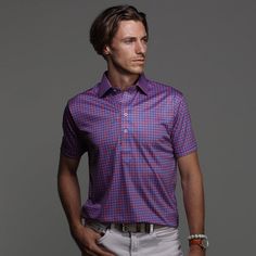 The versatile Semi-Spread Collar Polo. Woven for comfort and designed for style. This shirt pairs a formal semi spread dress collar with an extra comfortable, 4-way stretch, short-sleeved polo. The semi-spread collar has all the benefits of our ever popular English spread collar with a streamlined size. This Tribeca Gingham pattern provides the stylistic versatility to keep you looking sharp from your downtown client meeting to your uptown dinner date. Get all the upside of a formal collar witho Printed Polo Shirts Men, Client Meeting, Gingham Fashion, Dress Collar, Black Polo Shirt, Polo Long Sleeve, Collar Stays, Printed Polo Shirts, Gingham Pattern