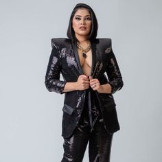 This Is A Black Sequined Blazer Combo With Matching High-Waisted Pants And Belt. 3/4 Length Sleeves. Luxury Black Pantsuit For Office, Luxury Fitted Pants For Party, Fitted Tuxedo Bottoms For Party, Fitted Tuxedo Style Party Bottoms, Luxury Black Pants For Party, Fitted Tuxedo Style Bottoms For Night Out, Tuxedo Style Tailored Pants For Night Out, Black Tuxedo Style Party Bottoms, Tailored Luxury Pants For Night Out