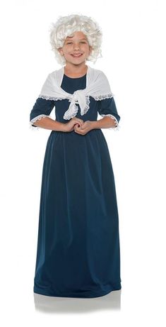 Great for historical projects, this Martha Washington costume includes a blue dress with attached white shall, and a cap. Add a colonial style wig and you'll be prepared for any upcoming historical plays or presentations. Children's classic Martha Washington Costume is ideal for school projects, playtime, stage performances, costume parties, Halloween and more! Martha Washington Costume, Biography Writing, Navy Blue Long Dress, Abigail Adams, Colonial Dress, Martha Washington, Style Wig, Colonial History, Wax Museum