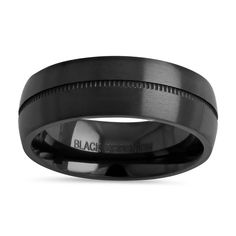 men's black ceramic wedding band with an etched center and beveled edges