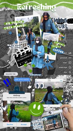 a collage of people in blue jackets and black hoods, texting on their cell phones