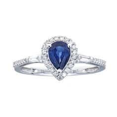 a pear shaped blue sapphire and diamond ring