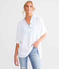 Hyfve One & Only Oversized Dolman Henley - White Large, Women's Offwhite Solid woven henley Cuffed sleeves Bust measures 50 on size small Body length 29 on size small. Layering piece(s) and/or accessories sold separately.. 80% Rayon 20% Polyester. Hand wash cold water. Do not bleach. Line dry. Iron low. Do not dry clean.. Measurements: Bust -Fullest part of bust with arms at sides. Waist -Circumference of natural waist: above belly button below rib cage. Hips -Standing with feet together fullest Relaxed Fit Split Neck Top For Day Out, Casual White Split Neck Top, Versatile White Blouse For Beach, White Effortless Collared Top, Versatile White Beach Blouse, Casual White Split Neck Blouse, Casual White Blouse With Split Neck, White Casual Blouse With Split Neck, White Split Neck Top For Vacation