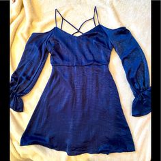 Great Young Style, Soft Silky Material, Rich Blue Color! Very Comfy Fit! Flirty Flowy Blue Mini Dress, Blue Off-shoulder Mini Dress For Night Out, Flirty Long Sleeve Blue Dress, Blue Flirty Dress For Casual Events, Blue Flirty Casual Dresses, Blue Flowy Dress For Date Night, Flowy Blue Dress For Date Night, Blue Off-shoulder Mini Dress For Date Night, Blue Dressy Dresses For Brunch