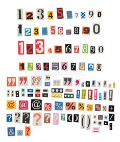 the numbers and symbols are arranged in different colors, shapes, and font options for each letter