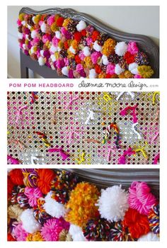 pom - pom headboard and crochet wall hangings made with yarn