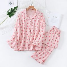 The Strawberry Printed Original Pajamas are the best spring set to buy. It is made with pure cotton to keep you feeling comfortable and cozy in any warm breeze. We are passionate about fabric and textile materials and have thus created the best, most comfortable yet practical line of pajamas. This loungewear is all you need to help relax at home. They are soft and easy to touch which projects versatility and effortless grace in every step you take. Made to make you feel good, each of our Original Pajamas is an expression of our love for self-care, practicality and a dash of flirty fun. How it’s made: Each of the pajamas is sourced from the finest quality fabric, sewn together by quality workmanship. Made with cotton Non-bleeding colours and prints Unshrinkable, wrinkle-resistant fabric, al Korean Pajamas, Lounging Outfit, Cute Sleepwear, Cute Pajama Sets, Comfy Sets, Pajamas Comfy, Casual Evening, Cute Pajamas, Strawberry Print