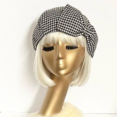 Beret Hat- Black& White Light Weight Houndstooth Wool -With Bow, Lined In Rayon Print, The Top Of The Hat Is Made Up Of 6 Section Crown, Wool Bias 1" Fitted Band And Has A Elastic Band Inside. That Girl Hat Fits Comfortably On Your Head As A Chic Beret. One Size Fits Most And Will Fit Up To A 22" Head Size Or Customized Size Upon Request. All Of Bella Starr Hats Are Made And Designed From My Original Patterns. Caring For Your Hat: Dry Clean Only Retro Black Beret For Winter, Chic Winter Workwear Hats, Chic Black Beret For Winter, Chic Black Winter Beret, Black Fall Hats For Workwear, Black Hat For Workwear In Winter, Black Hat For Workwear In Fall, Black Fall Workwear Hat, Beret Hat Bow