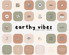 the earthy vibes app icon pack is shown in several different colors and sizes