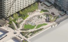 an artist's rendering of a park in the middle of a large building with lots of trees