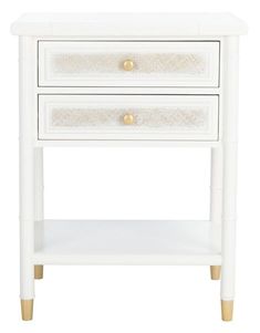 a white nightstand with two drawers and gold knobs on the bottom, against a white background